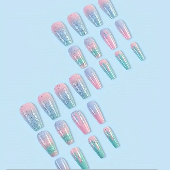 NEW Pastell Pink Blue Green Long Coffin Paint Drip Nails - Picture 2 of 6